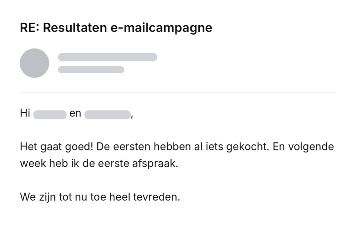 Mail van een klant: het gaat goed, de eersten hebben al iets gekocht, we zijn tot nu toe heel tevreden